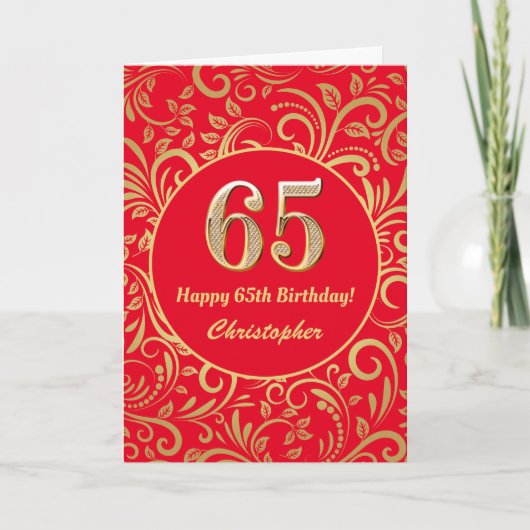 Carte 65e anniversaire Motif Floral rouge et or (Devant)