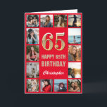 Carte 65e Joyeux Anniversaire Collage photo rouge et or<br><div class="desc">65e Joyeux Anniversaire Carte d'Anniversaire Red and Gold Photo Collage. Pour plus de personnalisation,  cliquez sur le bouton "Customiser" et utilisez notre outil de conception pour modifier ce modèle.</div>
