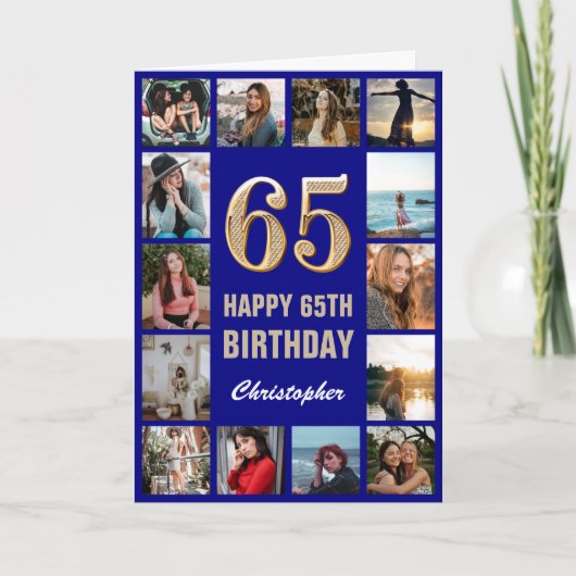 Carte 65e Joyeux Anniversaire Marine Bleu & Gold Photo C (Devant)