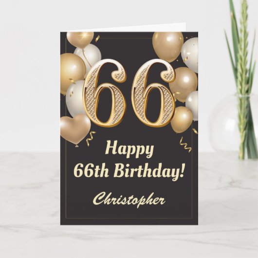 Carte 66e anniversaire Ballons Noir et Or Confetti (Devant)