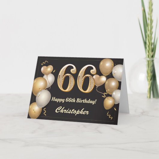 Carte 66e anniversaire Ballons noirs et or Anniversaire (Devant)