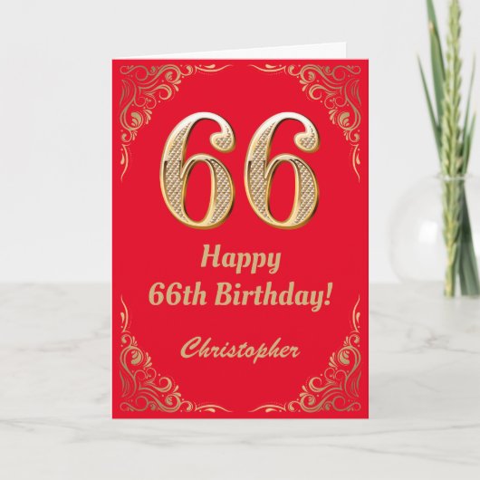 Carte 66e anniversaire Parties scintillant rouge et or (Devant)
