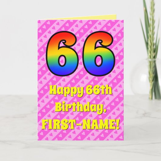 Carte 66e anniversaire : Pink Stripes & Hearts, Arc en c (Devant)