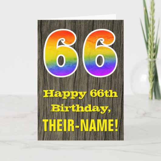 Carte 66th Birthday : Rustic Faux Wood Look, Rainbow "66 (Devant)