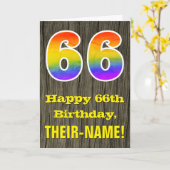 Carte 66th Birthday : Rustic Faux Wood Look, Rainbow "66 (Fleur jaune)
