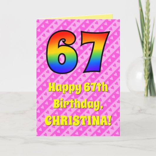 Carte 67e anniversaire : Pink Stripes & Hearts, Arc en c (Devant)