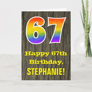Carte 67e anniversaire : Rustic Faux Wood Look, Arc-en-c