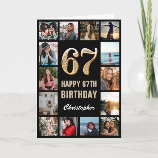 Carte 67e Joyeux Anniversaire Black and Gold Photo Colla (Devant)
