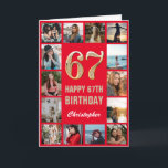 Carte 67e Joyeux Anniversaire Collage photo rouge et or<br><div class="desc">67th Happy Birthday Red and Gold Photo Collage Birthday Card. Pour plus de personnalisation,  cliquez sur le bouton "Customiser" et utilisez notre outil de conception pour modifier ce modèle.</div>