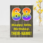 Carte 68e Anniversaire : Aspect Bois Rustique Faux, "68" (Fleur jaune)