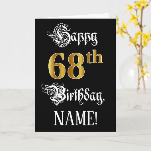 Carte 68e anniversaire — Script fantaisie; look or Faux; (Fleur jaune)