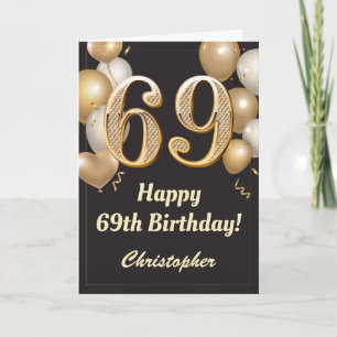 Carte 69e anniversaire Ballons Noir et Or Confetti