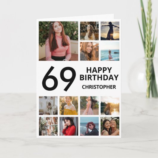 Carte 69e anniversaire Collage photo 13 photos noir blan (Devant)