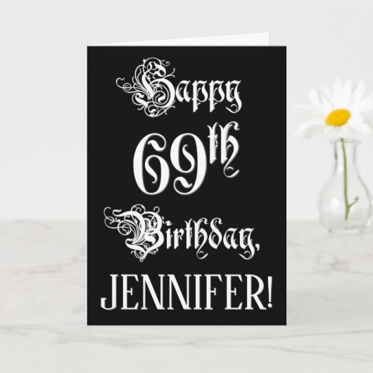 Carte 69e anniversaire : fantaisie, élégant script + Nom (Petite plante)