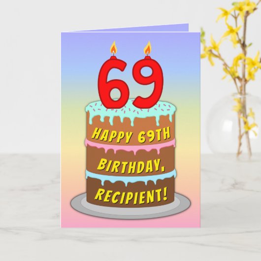 Carte 69e anniversaire — Fun Cake & Candles, avec nom pe (Fleur jaune)