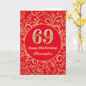 Carte 69e anniversaire Motif Floral rouge et or (Fleur jaune)