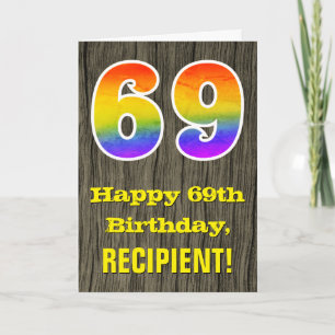 Carte 69e anniversaire : Rustic Faux Wood Look, Arc-en-c