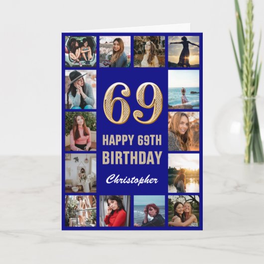 Carte 69e Joyeux Anniversaire Marine Bleu & Gold Photo C (Devant)