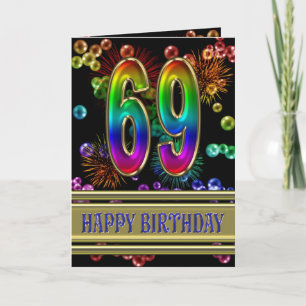 Carte 69ème anniversaire avec bulles arc-en-ciel et feux