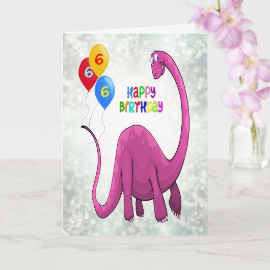 Carte 6e anniversaire Dinosaur et Ballons (Orchidée)