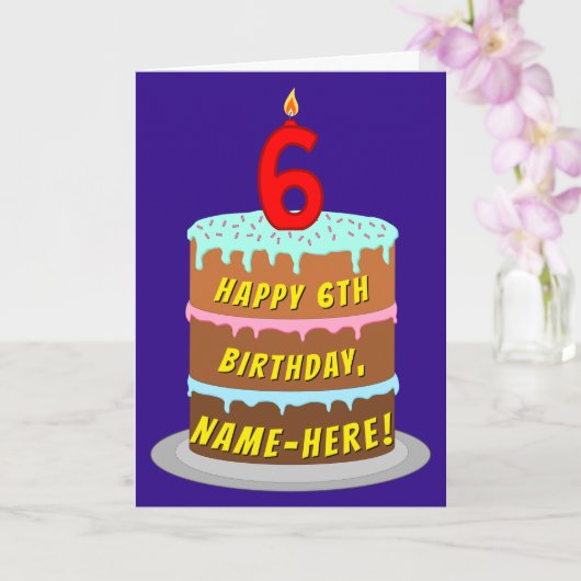 Carte 6e anniversaire : Fun Cake and Candle + Nom person (Orchidée)
