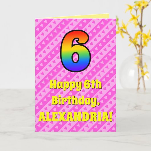 Carte 6e anniversaire : Pink Stripes & Hearts, Rainbow # (Fleur jaune)