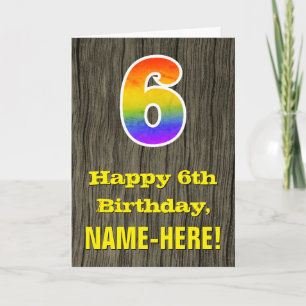 Carte 6e anniversaire : Rustic Faux Wood Look, Rainbow "