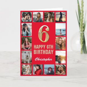 Carte 6e Joyeux Anniversaire Collage photo rouge et or