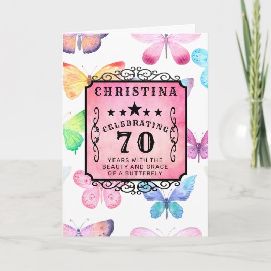 Carte 70e anniversaire Aquarelle rose papillon Salutatio (Devant)