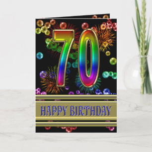 Carte 70e anniversaire avec bulles arc-en-ciel et feux d