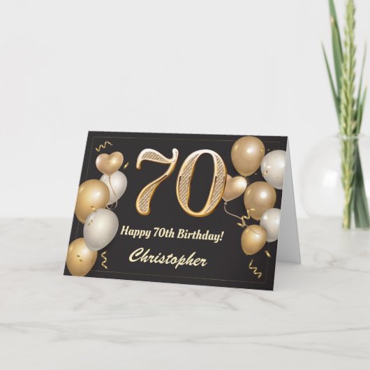 Carte 70e anniversaire Ballons noirs et or Anniversaire (Devant)