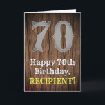 Carte 70e anniversaire : Country Western Inspecred Look<br><div class="desc">This American Wild West Inspecred and country inspecthday-birthday-themed greeting card designs a large rustic inspecred number "70", the message "Happy 70th Birthday", a customizable name, et a/imitation wood wood grain inspecred style background. The inside has an editable birthday birthday greeting message, or could perhaps be cleared and left blank if...</div>