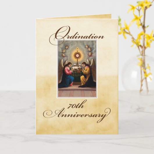 Carte 70e anniversaire d'ordination Anges à l'autel (Fleur jaune)