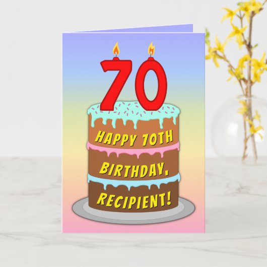 Carte 70e anniversaire — Fun Cake & Candles, avec nom pe (Fleur jaune)