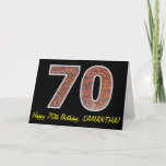 Carte 70e anniversaire - Motif de mur de briques "70" av<br><div class="desc">La façade de cette carte de voeux à thème d'anniversaire comporte un grand nombre de "70" avec un motif en brique rouge-marron, ainsi que le message "Happy 70th Birthday, " et un nom personnalisé. L'intérieur comporte un message de salutation d'anniversaire personnalisable, ou peut-être pourrait-il être effacé et laissé vide si...</div>