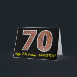 Carte 70e anniversaire - Motif de mur de briques "70" av<br><div class="desc">La façade de cette carte de voeux à thème d'anniversaire comporte un grand nombre de "70" avec un motif en brique rouge-marron, ainsi que le message "Happy 70th Birthday, " et un nom personnalisé. L'intérieur comporte un message de salutation d'anniversaire personnalisable, ou peut-être pourrait-il être effacé et laissé vide si...</div>