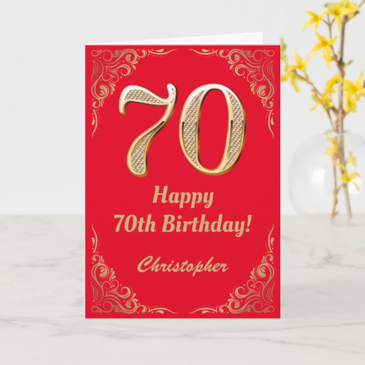 Carte 70e anniversaire Parties scintillant rouge et or