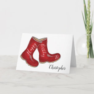 Carte 70e anniversaire rouge à bottes bien papa/ mari/ h