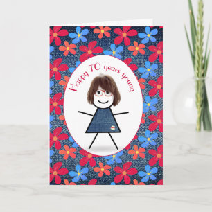 Carte 70e Anniversaire Stick Girl and Daisies On Denim