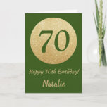 Carte 70e Birthday Green and Gold Glitter Card<br><div class="desc">Happy 70th Birthday Green and Gold Glitter Card with personalized name. For further customization,  please click the "Customize it" button and use our design tool to modify this template.</div>