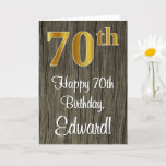Carte 70th Birthday: Elegant Faux Gold Look #, Faux Wood<br><div class="desc">This luxurious, elegant, and sophisticated birthday-themed greeting card design features a large ordinal number “70th” having an imitation/faux gold-like appearance, along with the birthday greeting message “Happy 70th Birthday, ” and a custom name in a script-style font on the front. The background of the front has a faux wood-inspired pattern....</div>
