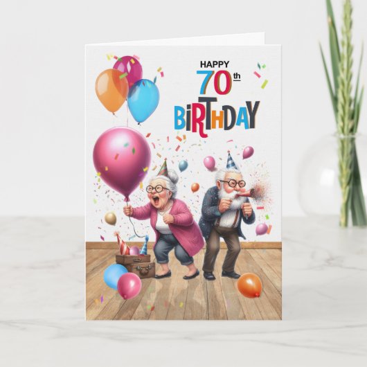 Carte 70th Birthday Funny Old Man and Woman Balloons (Devant)