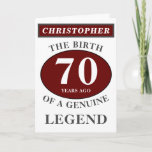 Carte 70th Birthday Red Genuine Legend Add Your Name<br><div class="desc">Fun 70th "Birth Of A Legend" birthday red, grey and white card. Add the year, change "Legend" to suit your needs. Add the name and a unique message in the card. All easily done using the template provided. You can also change the age to make any age you want eg...</div>