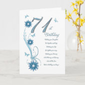 Carte 71e anniversaire en turquoise avec fleurs et papil (Fleur jaune)