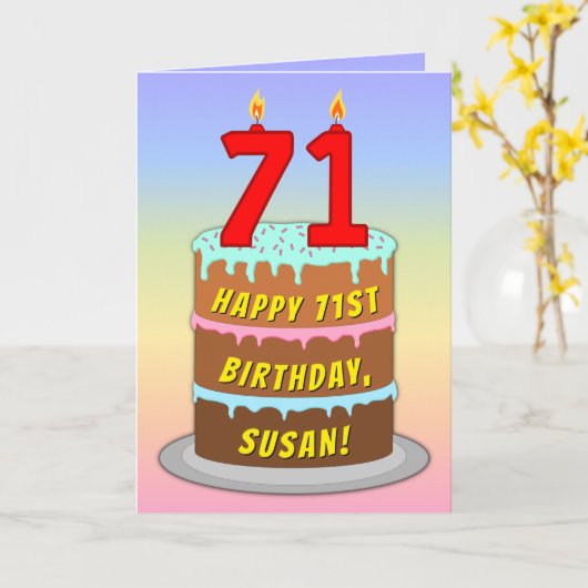 Carte 71e anniversaire — Fun Cake & Candles, avec nom pe (Fleur jaune)