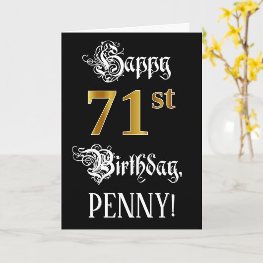 Carte 71e anniversaire — Script fantaisie; Faux Gold Loo (Fleur jaune)