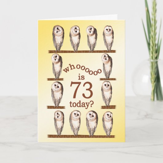 Carte 73e anniversaire, Curious owls card. (Devant)