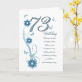 Carte 73e anniversaire en turquoise avec fleurs et papil (Fleur jaune)