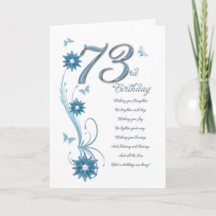 Carte 73e anniversaire en turquoise avec fleurs et papil