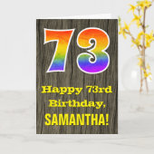Carte 73e anniversaire : Rustic Faux Wood Look, Rainbow (Fleur jaune)